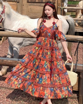 Large yard sling retro floral summer dress for women