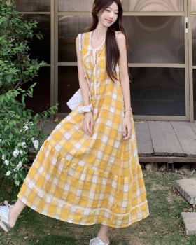 Yellow France style vest summer plaid long dress for women