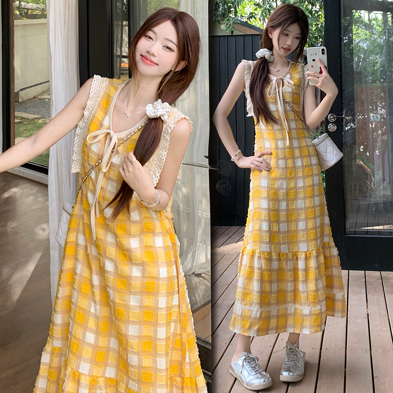Yellow France style vest summer plaid long dress for women