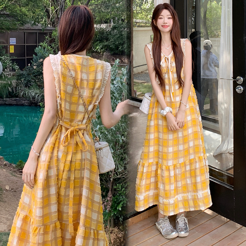 Yellow France style vest summer plaid long dress for women