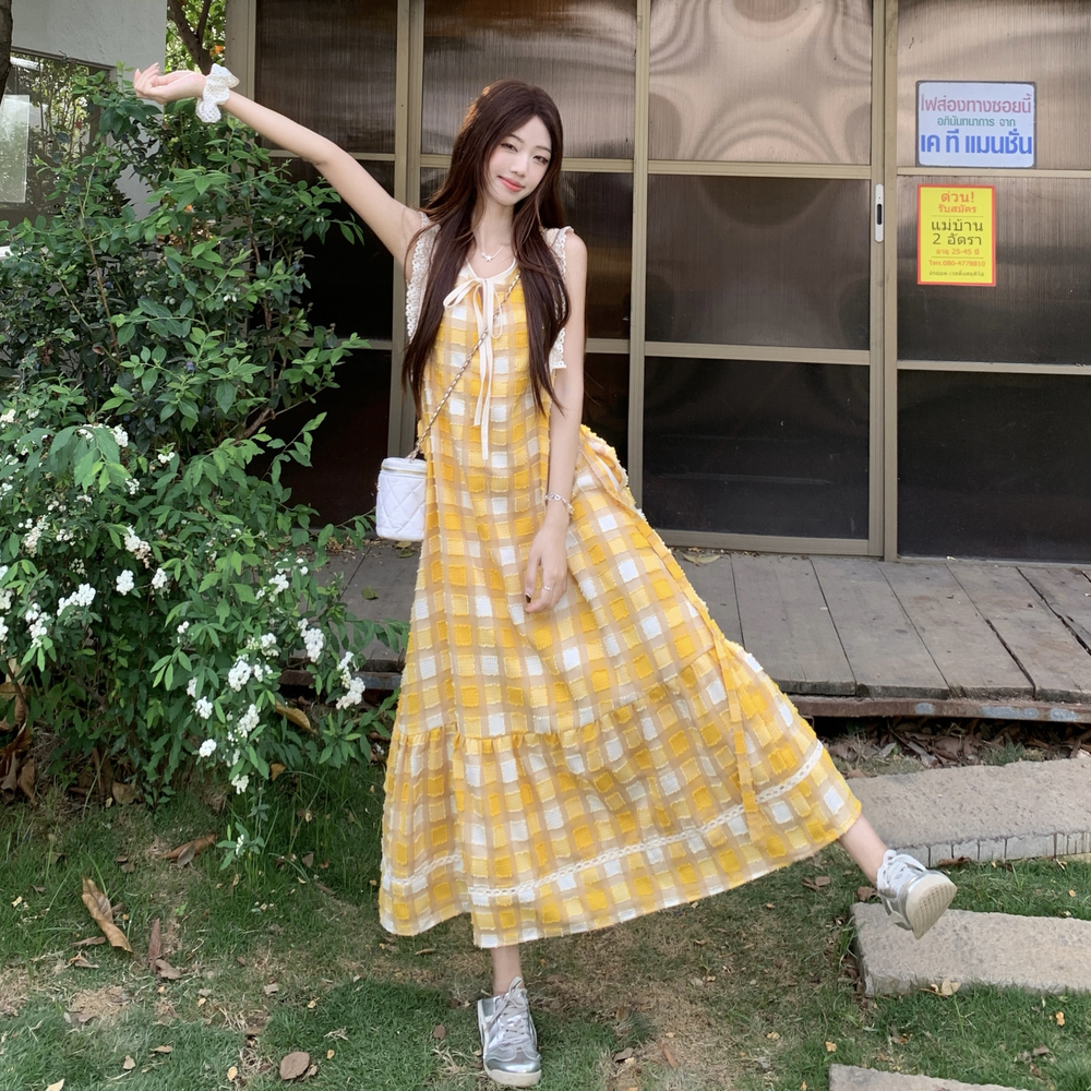 Yellow France style vest summer plaid long dress for women
