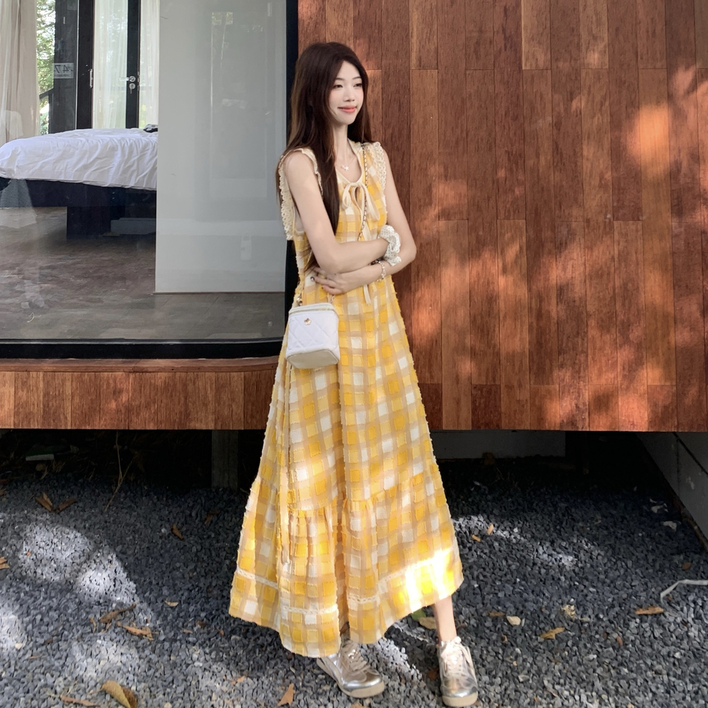 Yellow France style vest summer plaid long dress for women