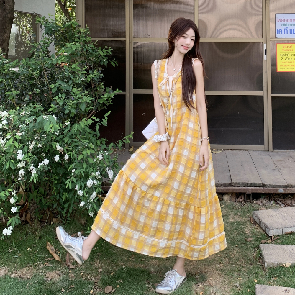 Yellow France style vest summer plaid long dress for women