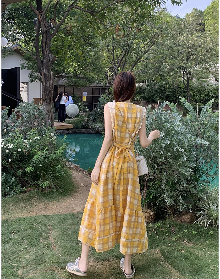Yellow France style vest summer plaid long dress for women
