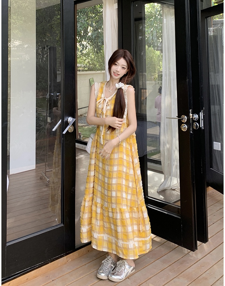 Yellow France style vest summer plaid long dress for women