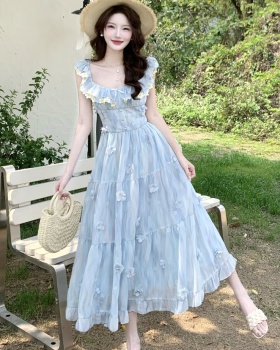 Blue slim long boats sleeve printing sweet dress for women