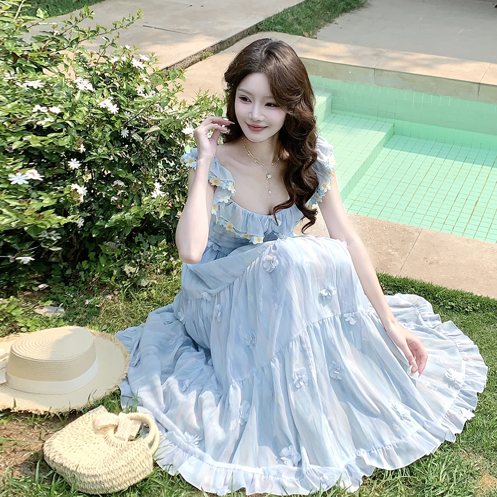 Blue slim long boats sleeve printing sweet dress for women