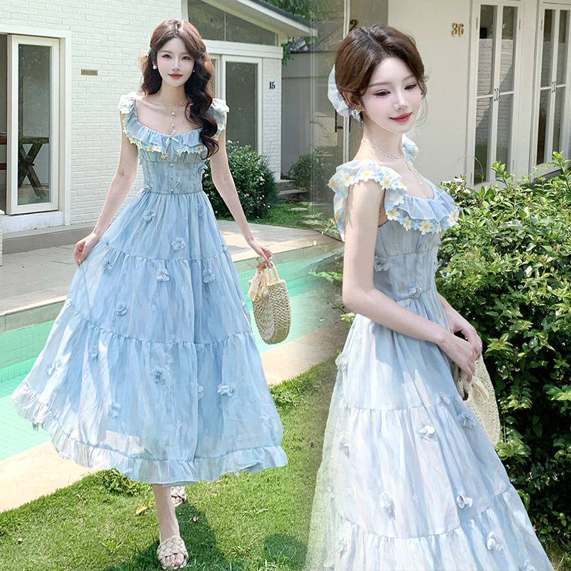 Blue slim long boats sleeve printing sweet dress for women
