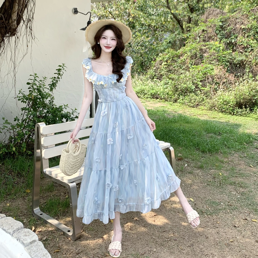 Blue slim long boats sleeve printing sweet dress for women