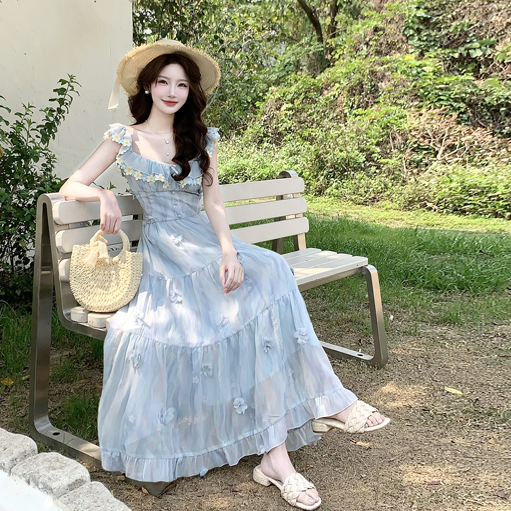 Blue slim long boats sleeve printing sweet dress for women