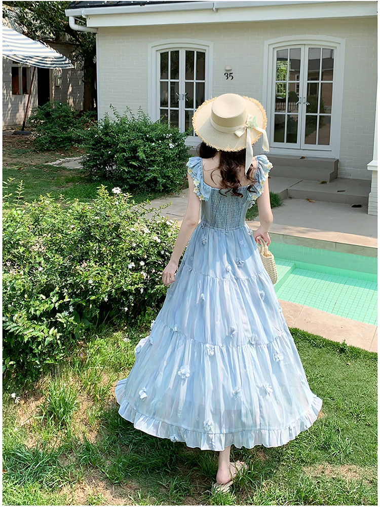 Blue slim long boats sleeve printing sweet dress for women