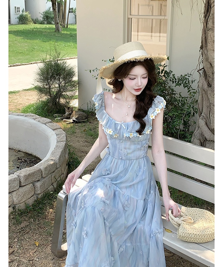 Blue slim long boats sleeve printing sweet dress for women