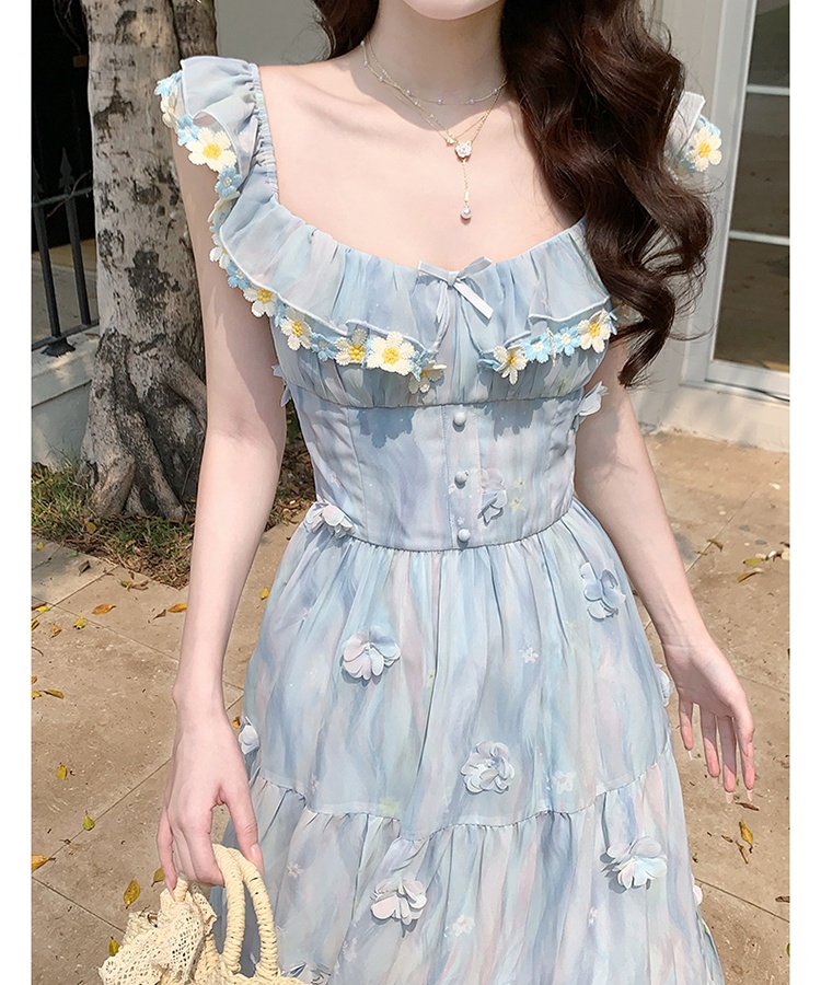 Blue slim long boats sleeve printing sweet dress for women
