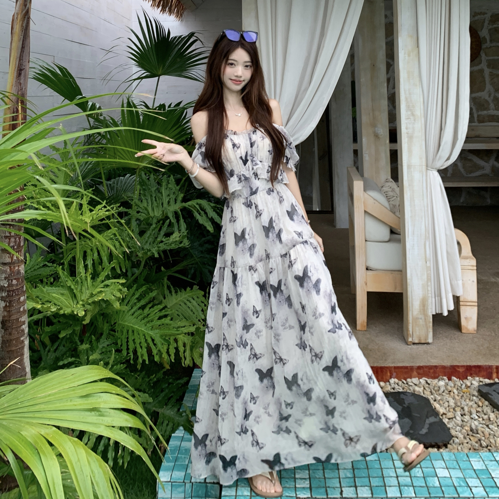 Strapless flat shoulder beach dress seaside dress for women