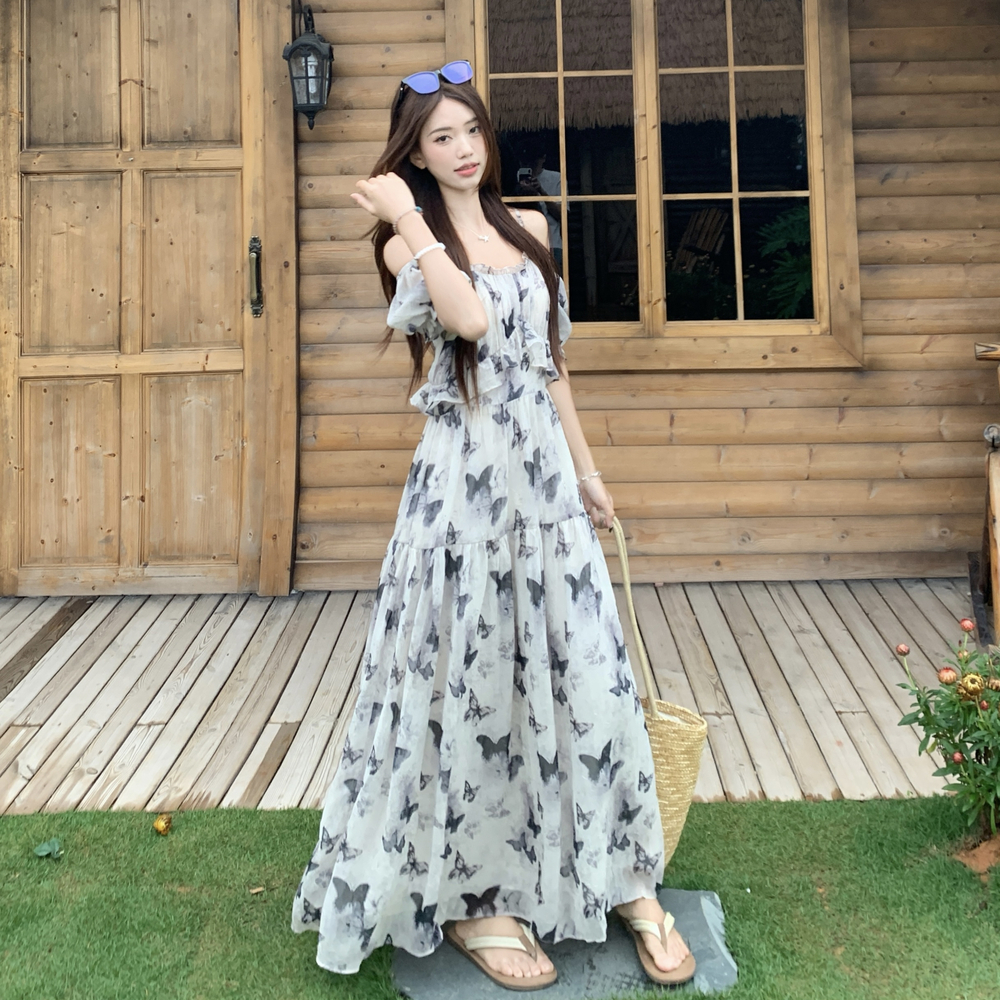 Strapless flat shoulder beach dress seaside dress for women