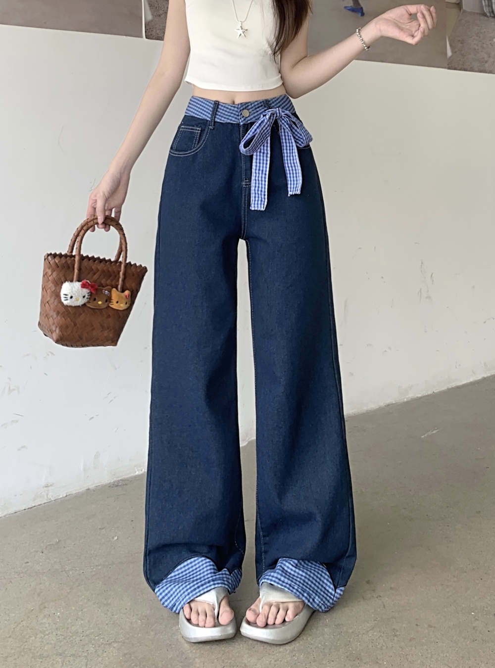 Loose bow pants high waist slim jeans for women
