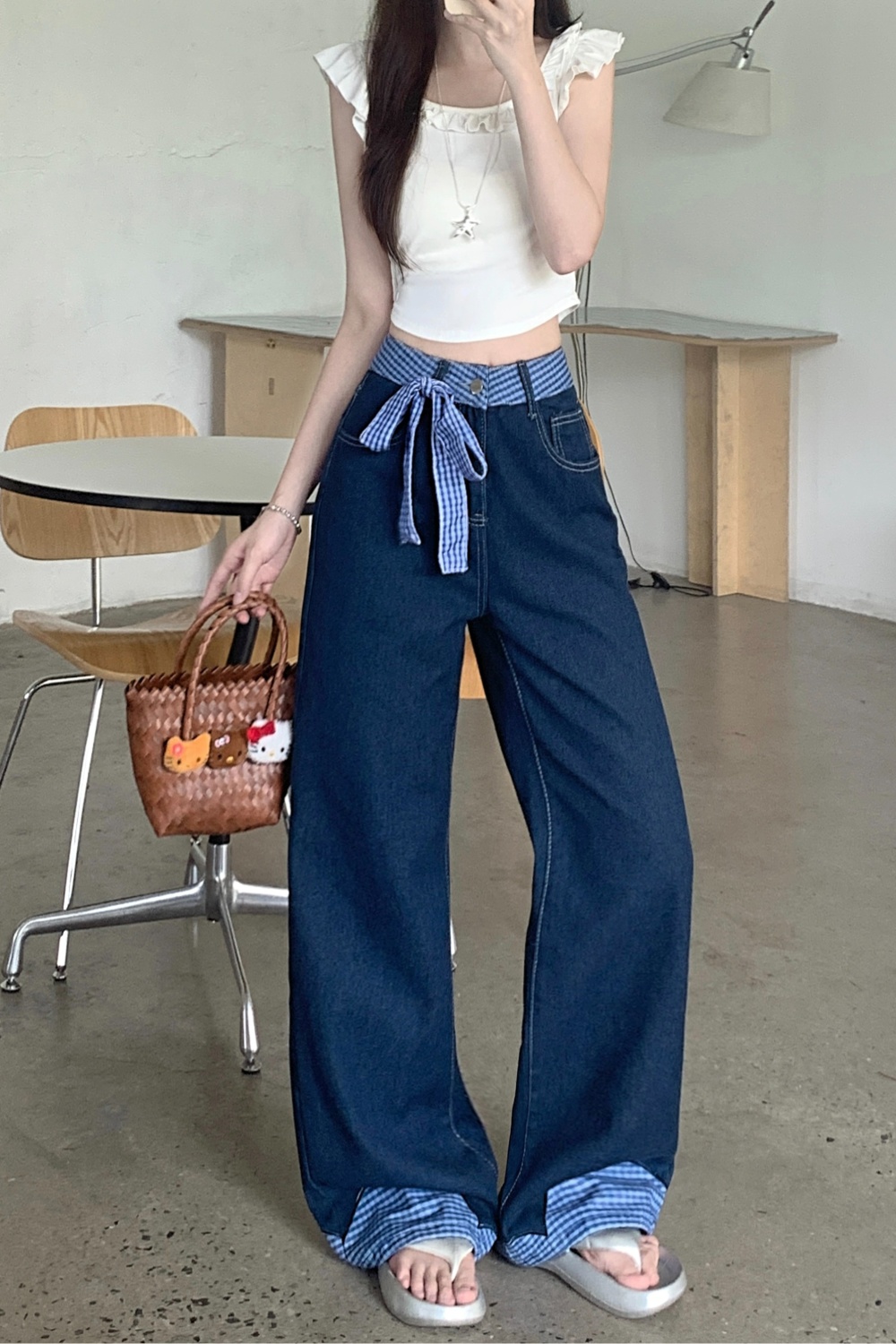 Loose bow pants high waist slim jeans for women
