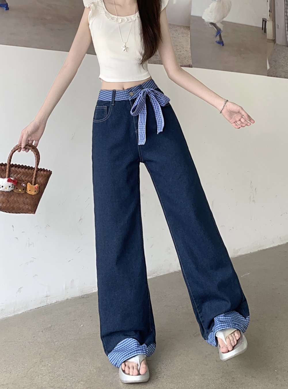 Loose bow pants high waist slim jeans for women