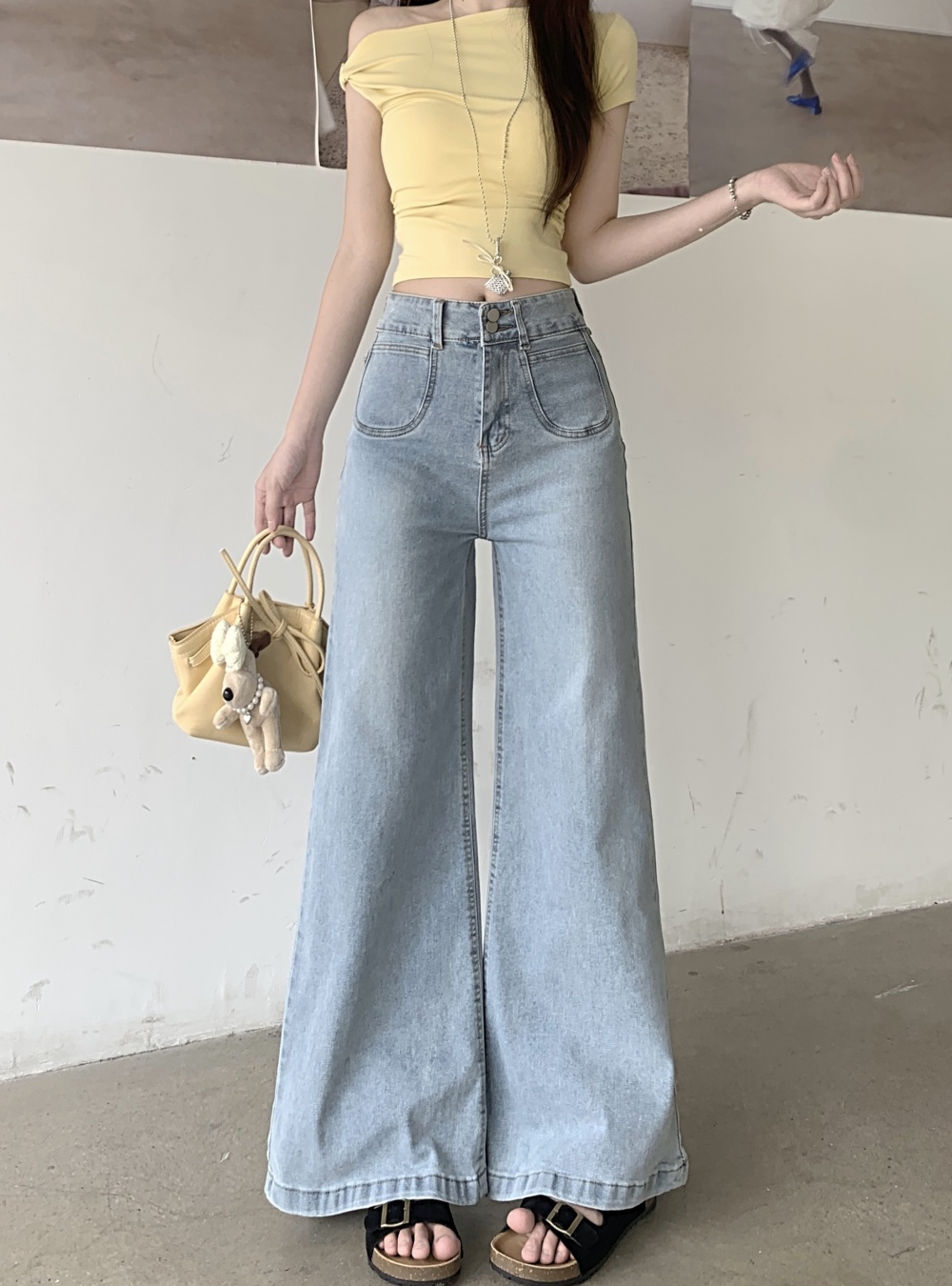 Slim wide leg pants mopping light-blue jeans for women