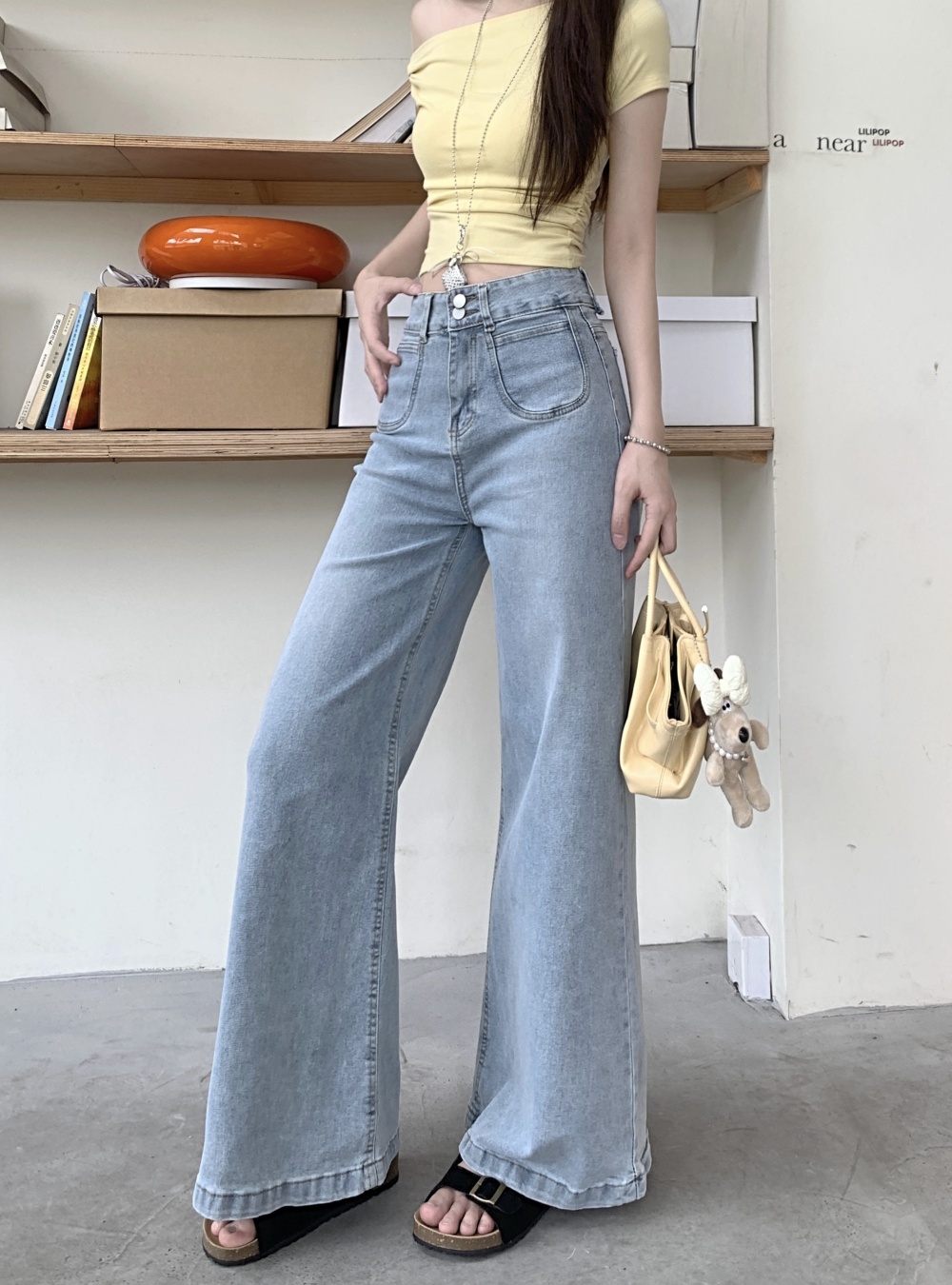 Slim wide leg pants mopping light-blue jeans for women