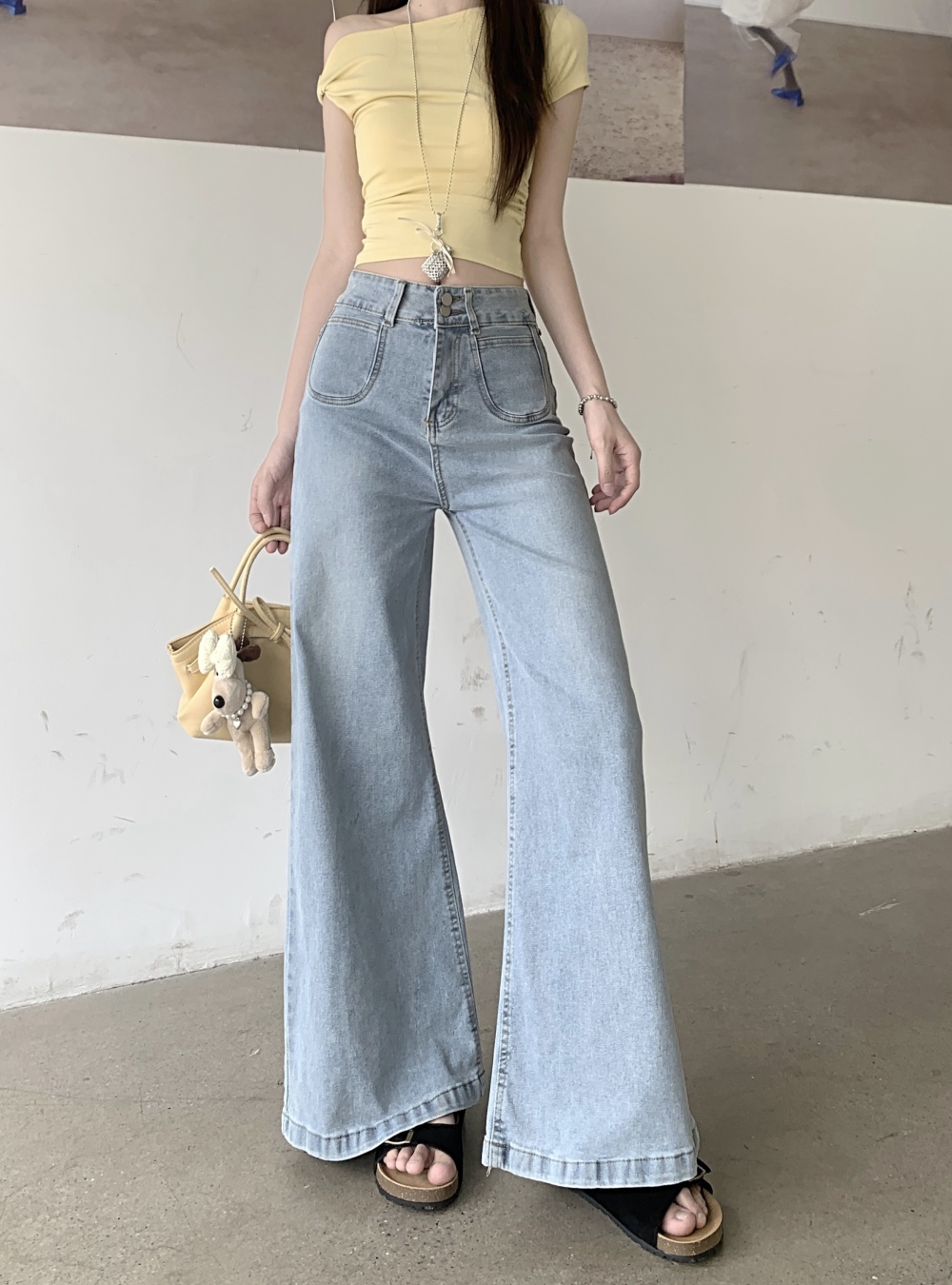 Slim wide leg pants mopping light-blue jeans for women