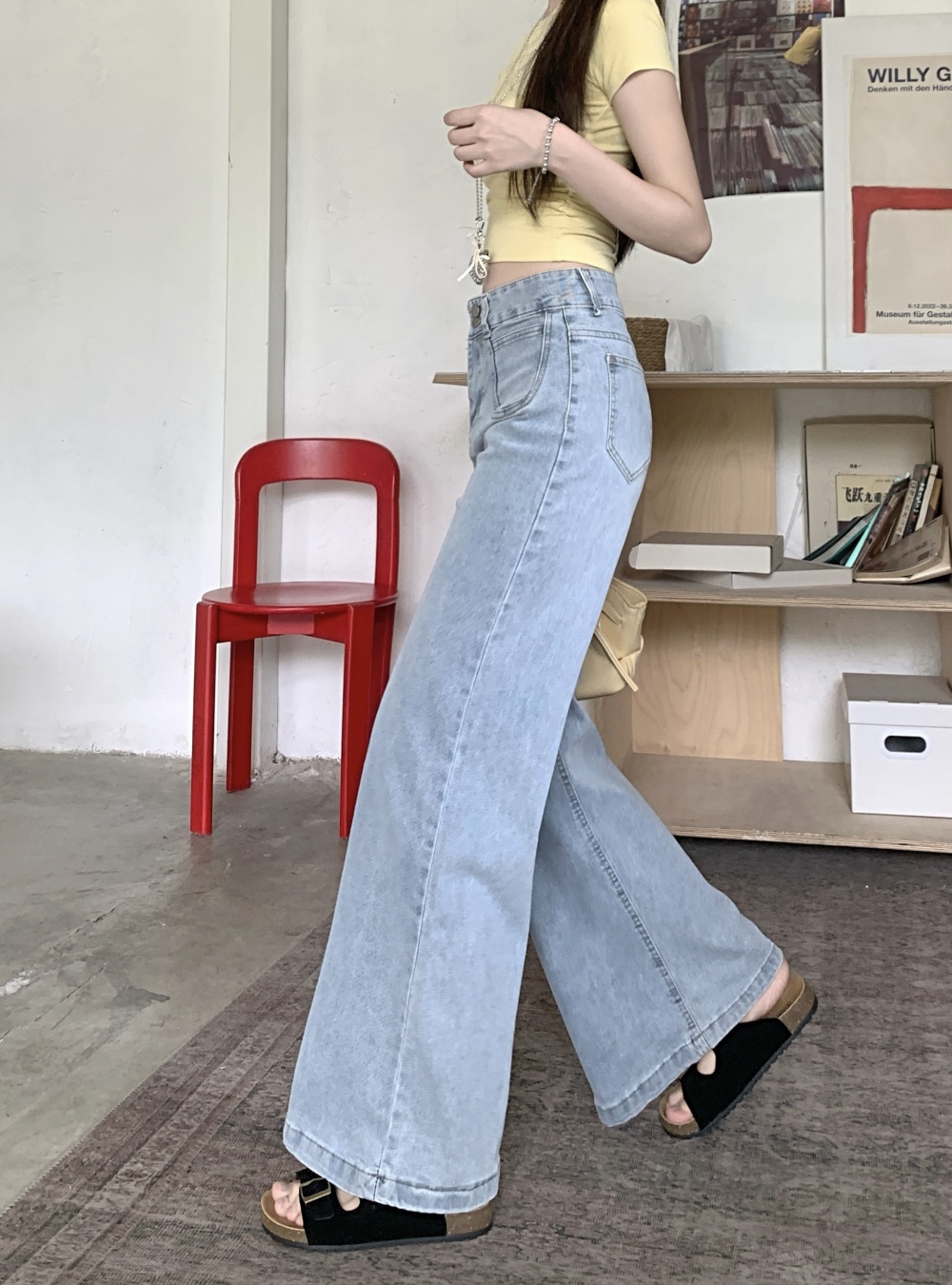 Slim wide leg pants mopping light-blue jeans for women