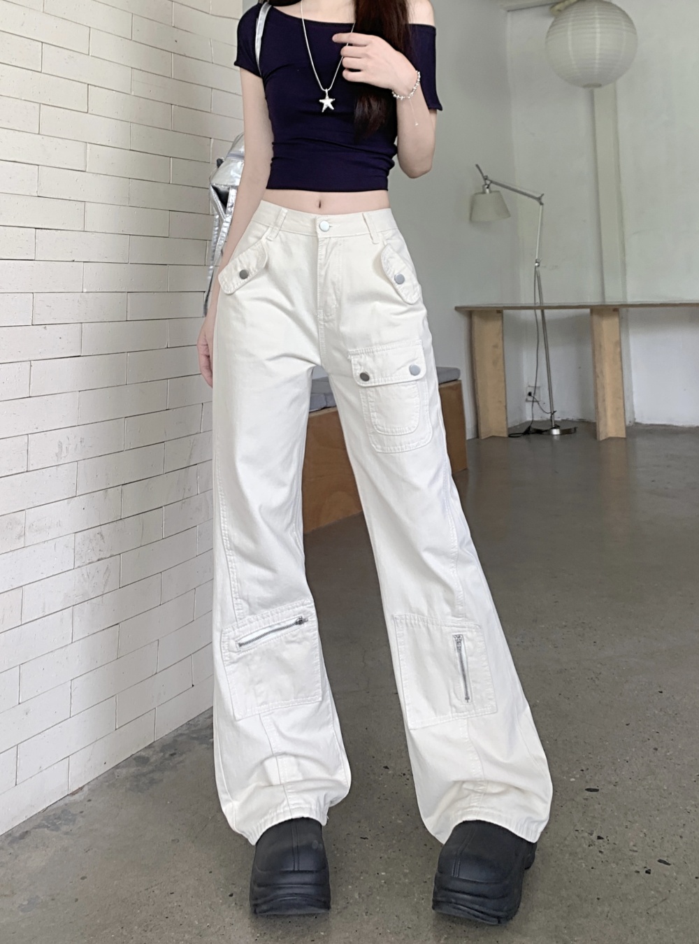 High waist spring and summer jeans white slim pants