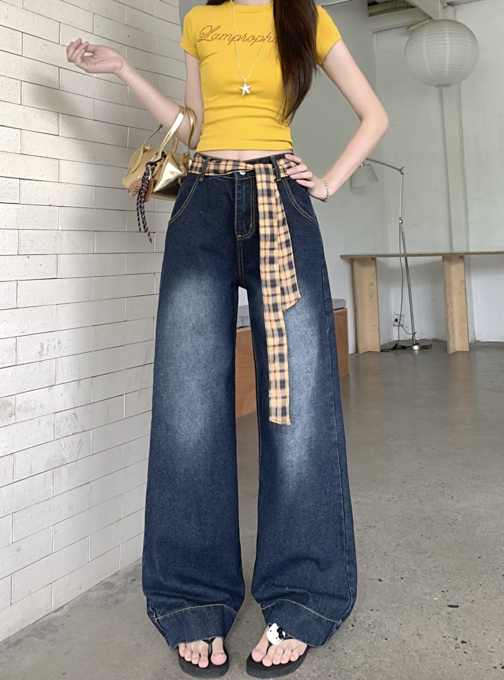 Slim mixed colors mopping jeans loose high waist pants