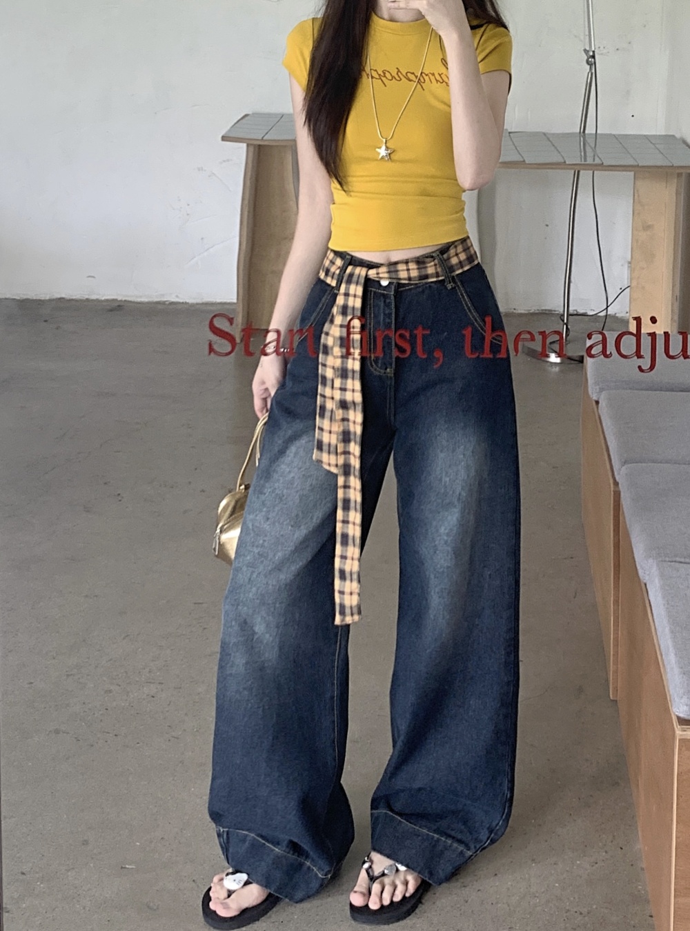 Slim mixed colors mopping jeans loose high waist pants