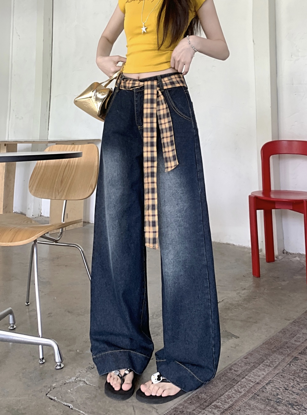 Slim mixed colors mopping jeans loose high waist pants