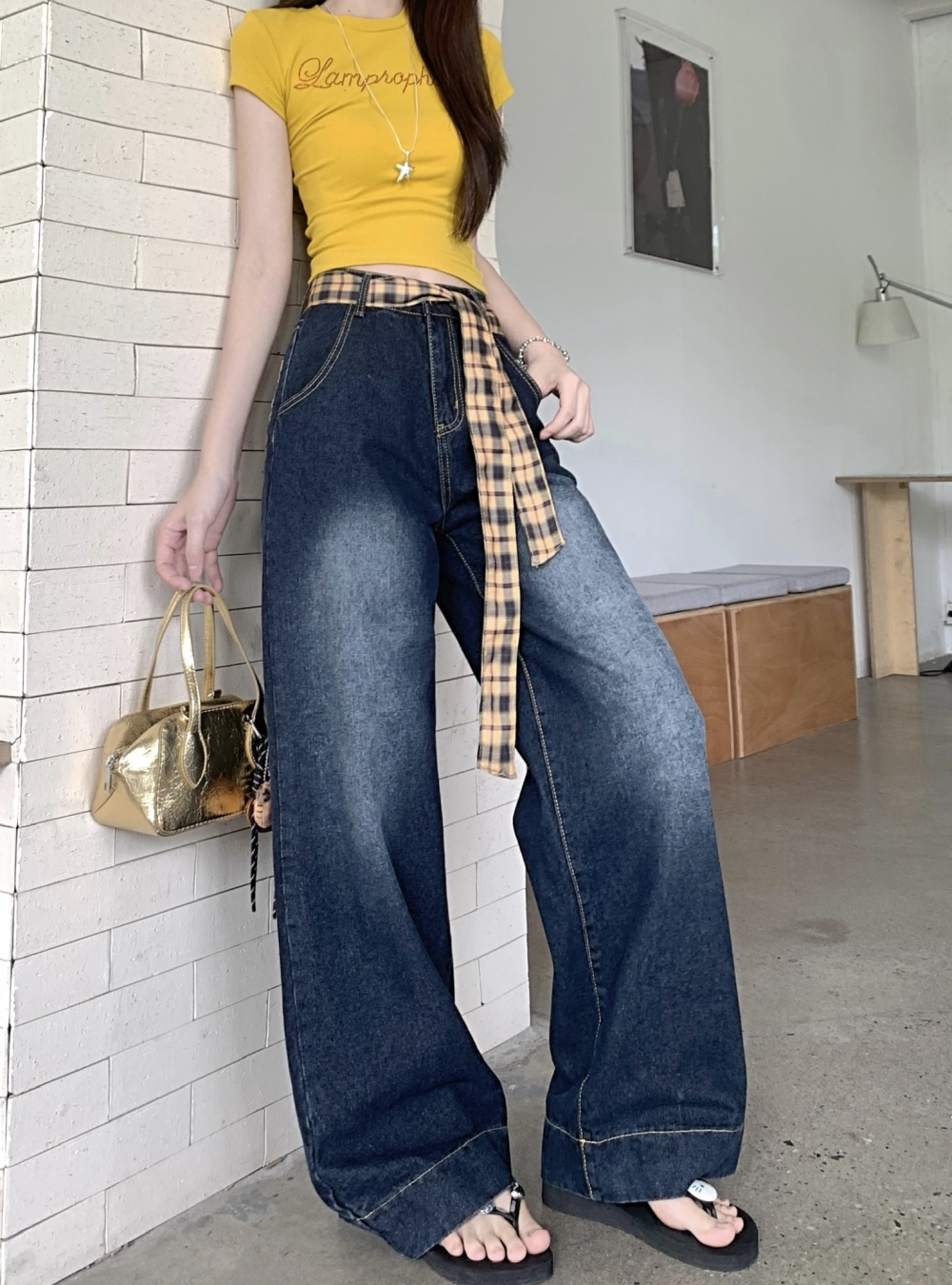 Slim mixed colors mopping jeans loose high waist pants