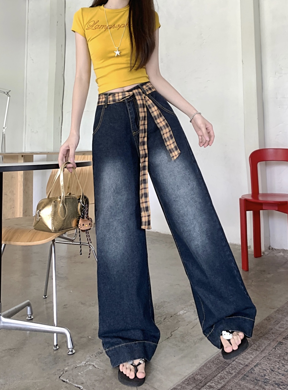 Slim mixed colors mopping jeans loose high waist pants