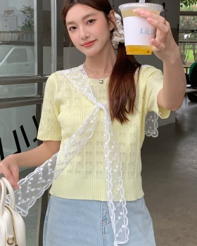 Niche knitted short sleeve tops sweet lace thin T-shirt