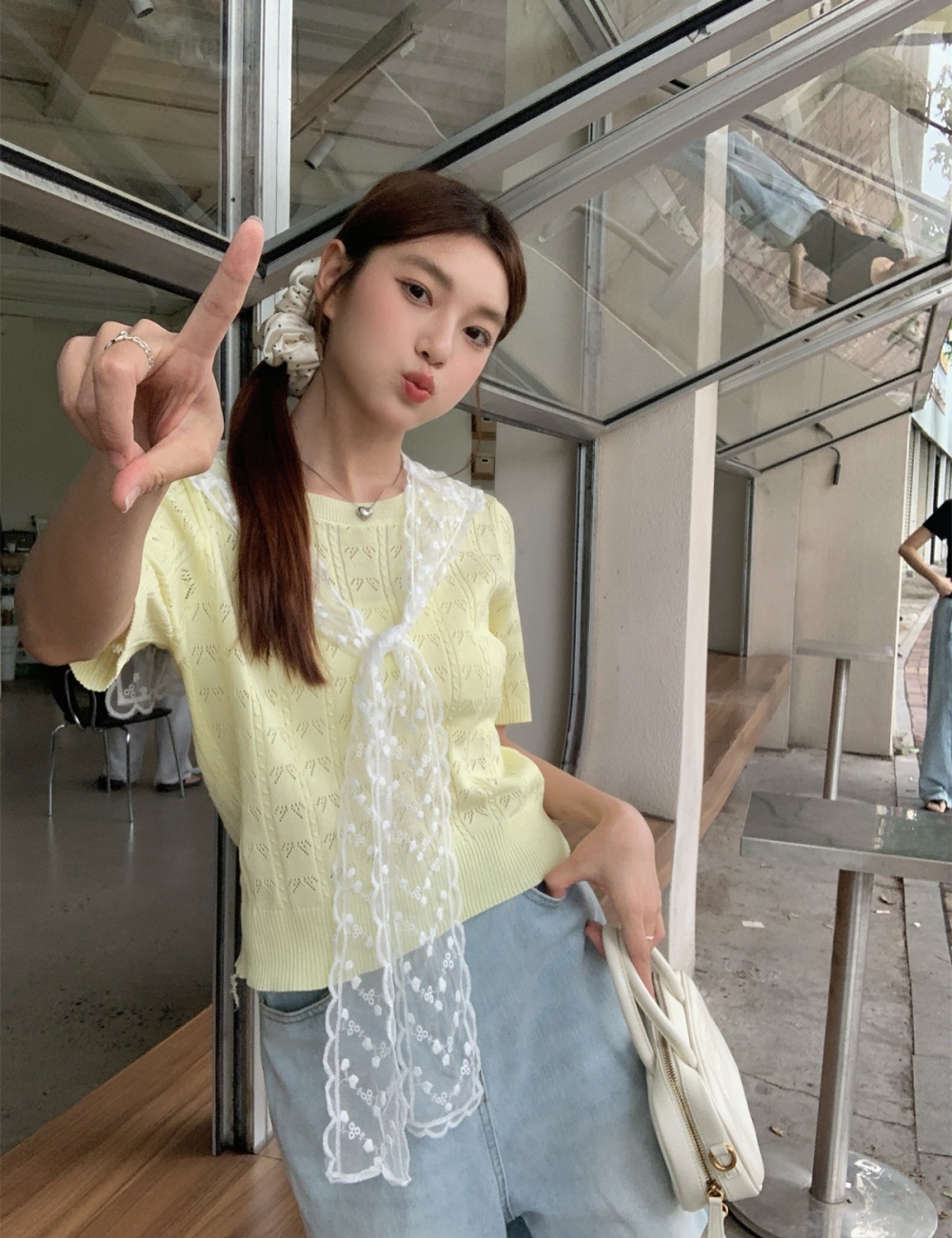 Niche knitted short sleeve tops sweet lace thin T-shirt
