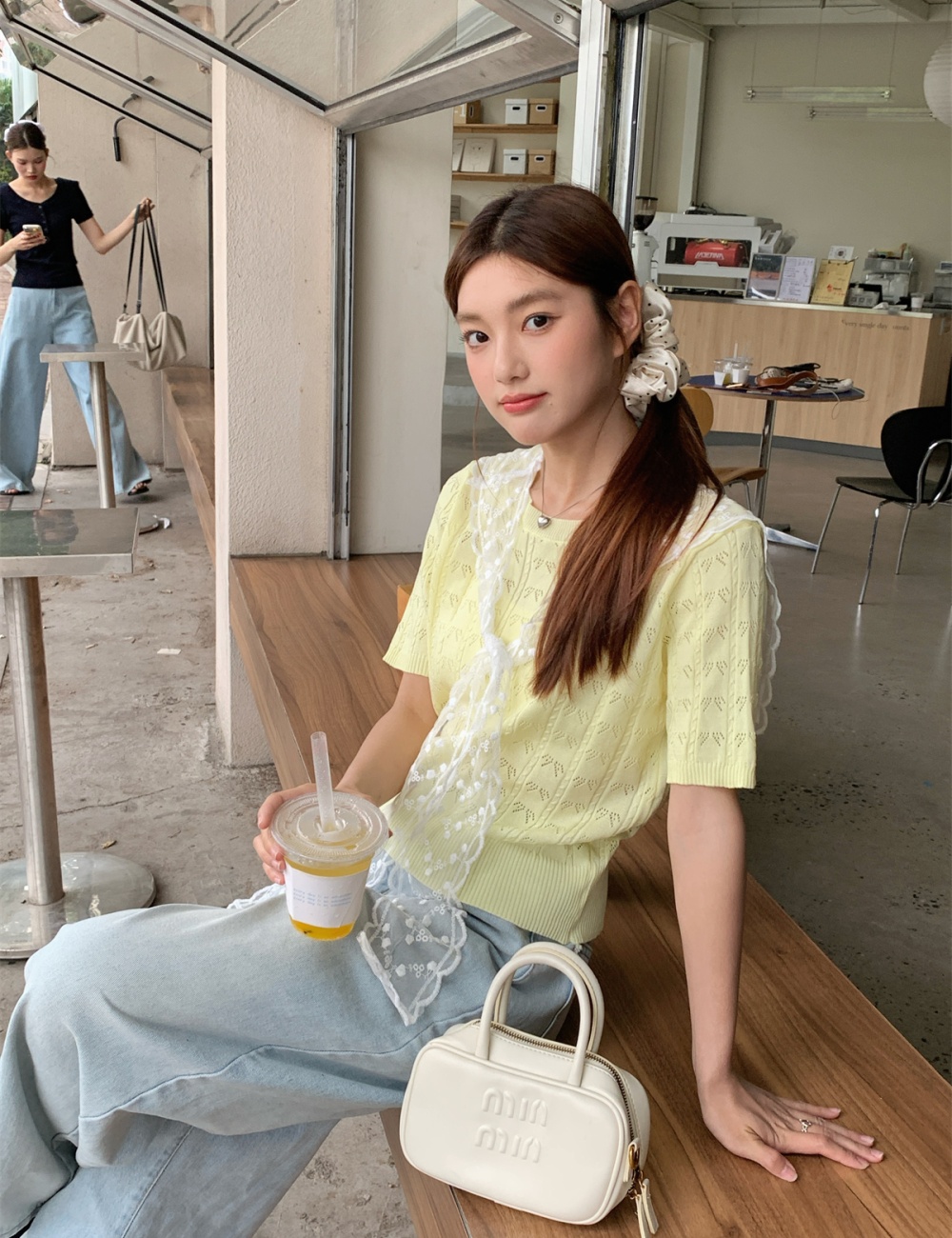 Niche knitted short sleeve tops sweet lace thin T-shirt