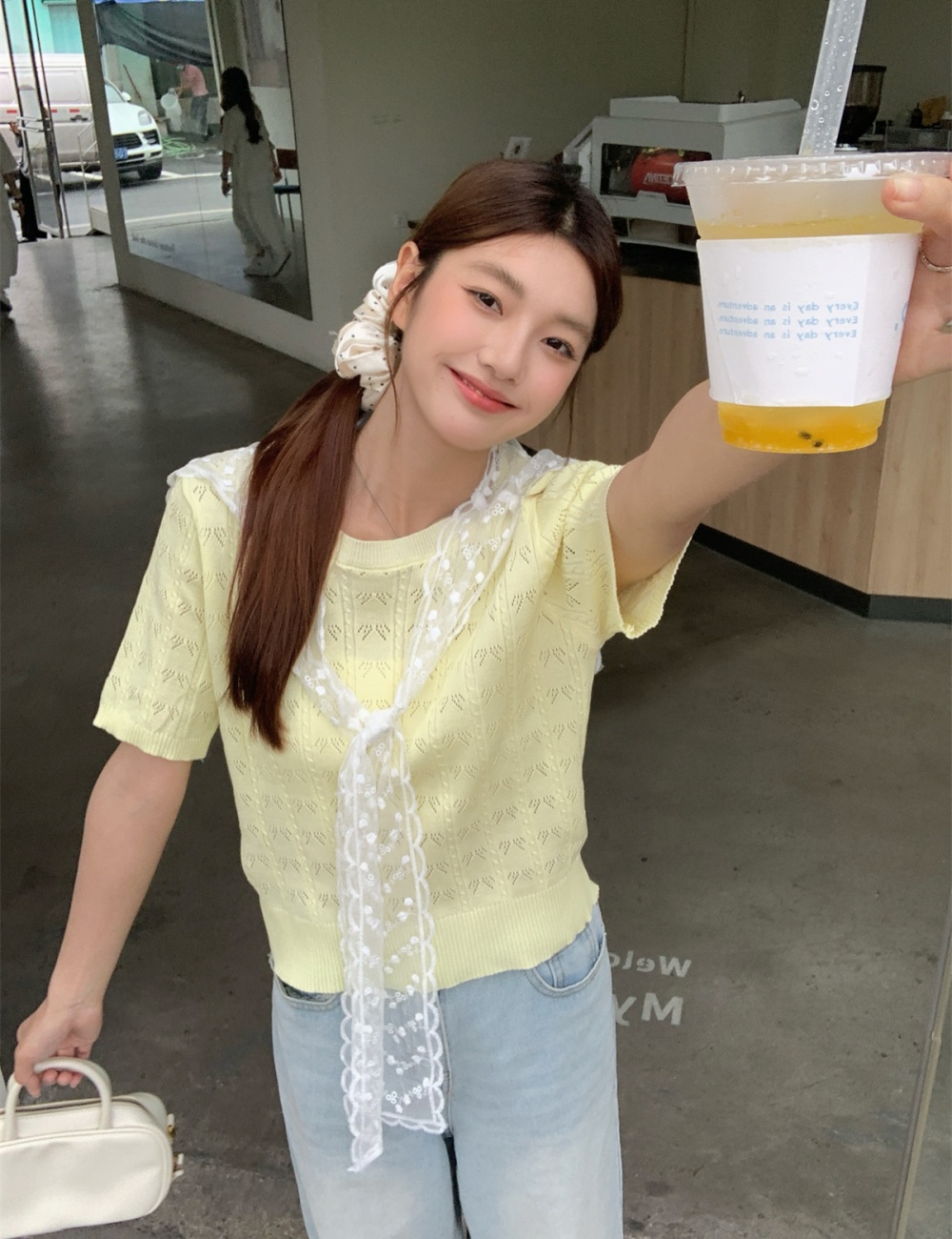 Niche knitted short sleeve tops sweet lace thin T-shirt