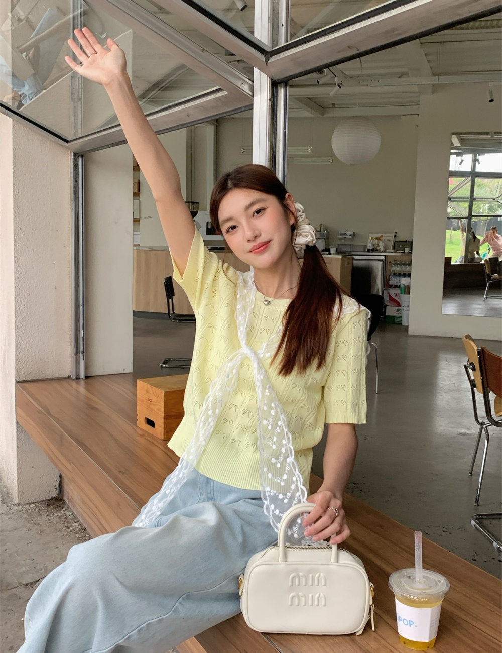 Niche knitted short sleeve tops sweet lace thin T-shirt