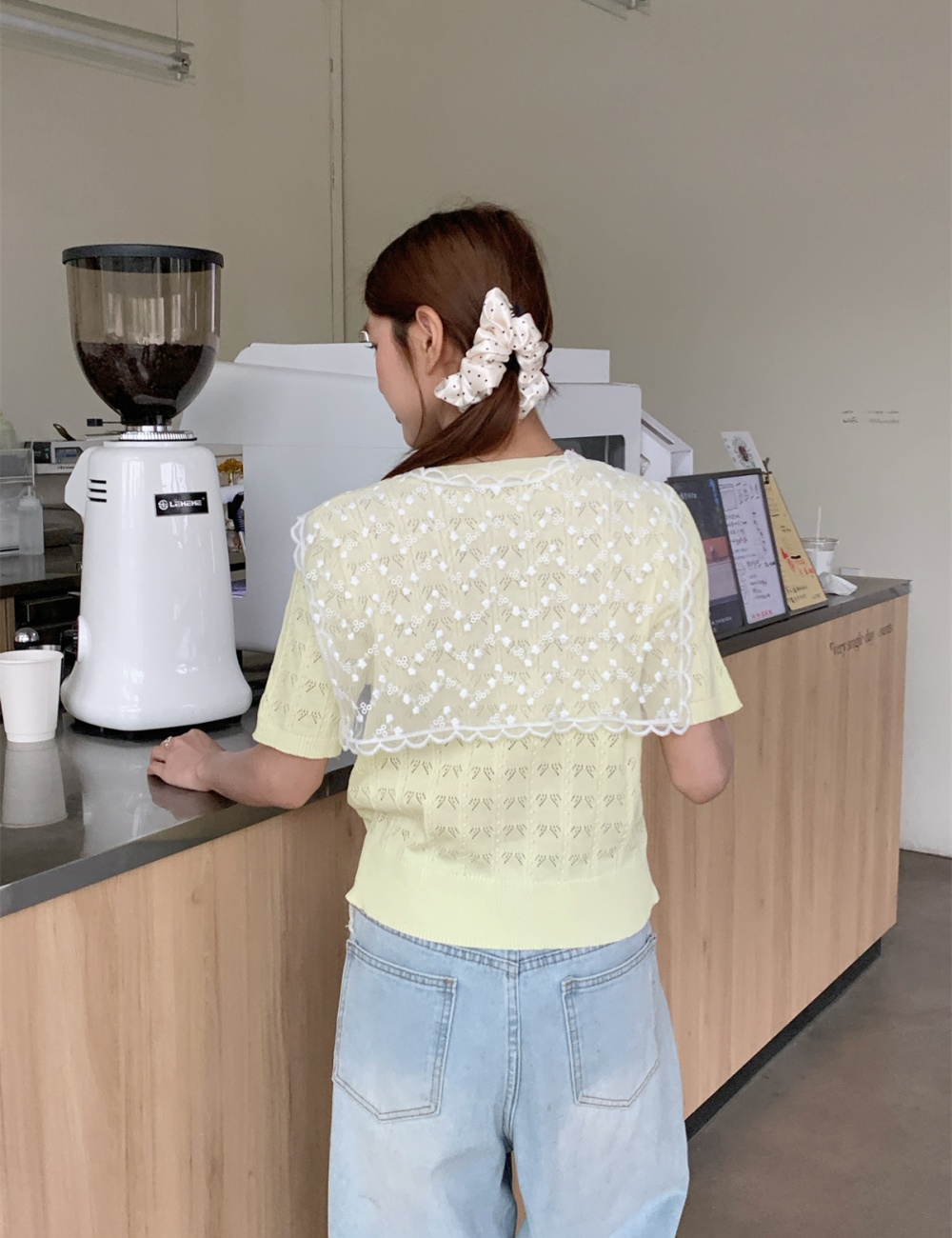 Niche knitted short sleeve tops sweet lace thin T-shirt