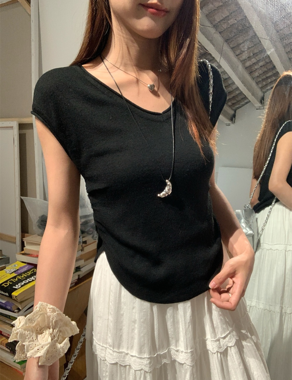 Slim short sleeve tops France style boats sleeve T-shirt