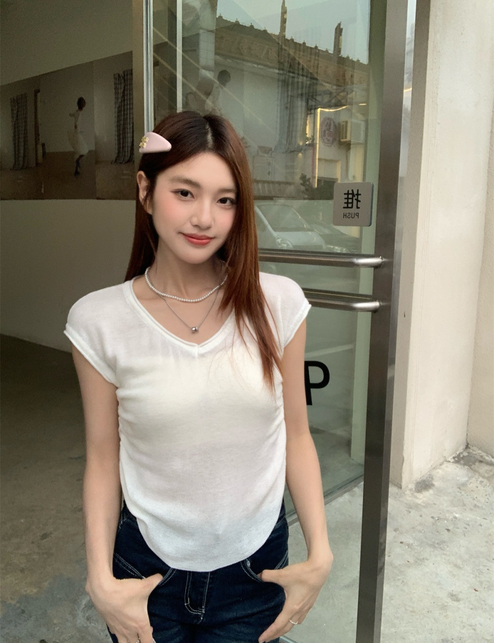 Slim short sleeve tops France style boats sleeve T-shirt