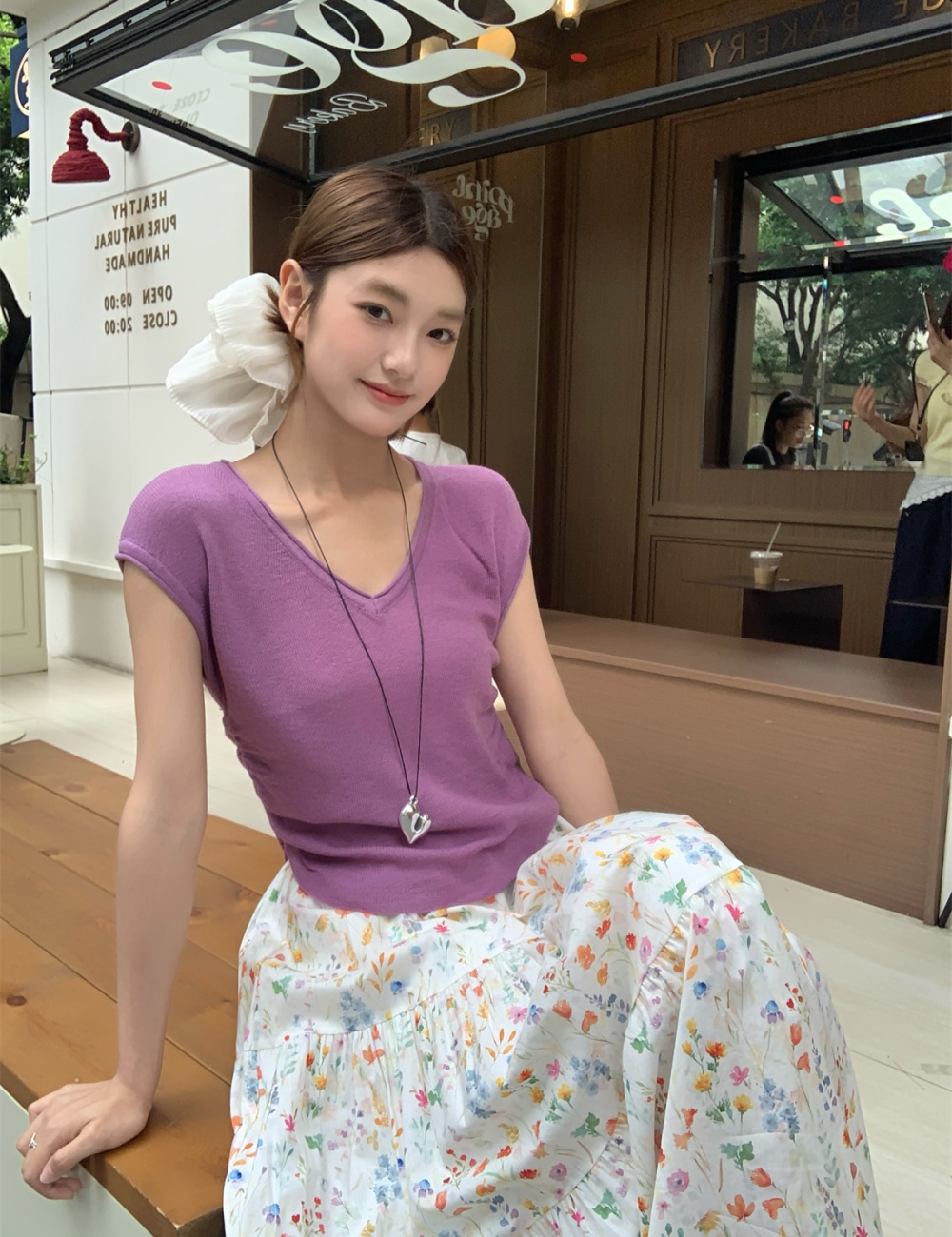 Short sleeve boats sleeve skirt slim knitted T-shirt a set