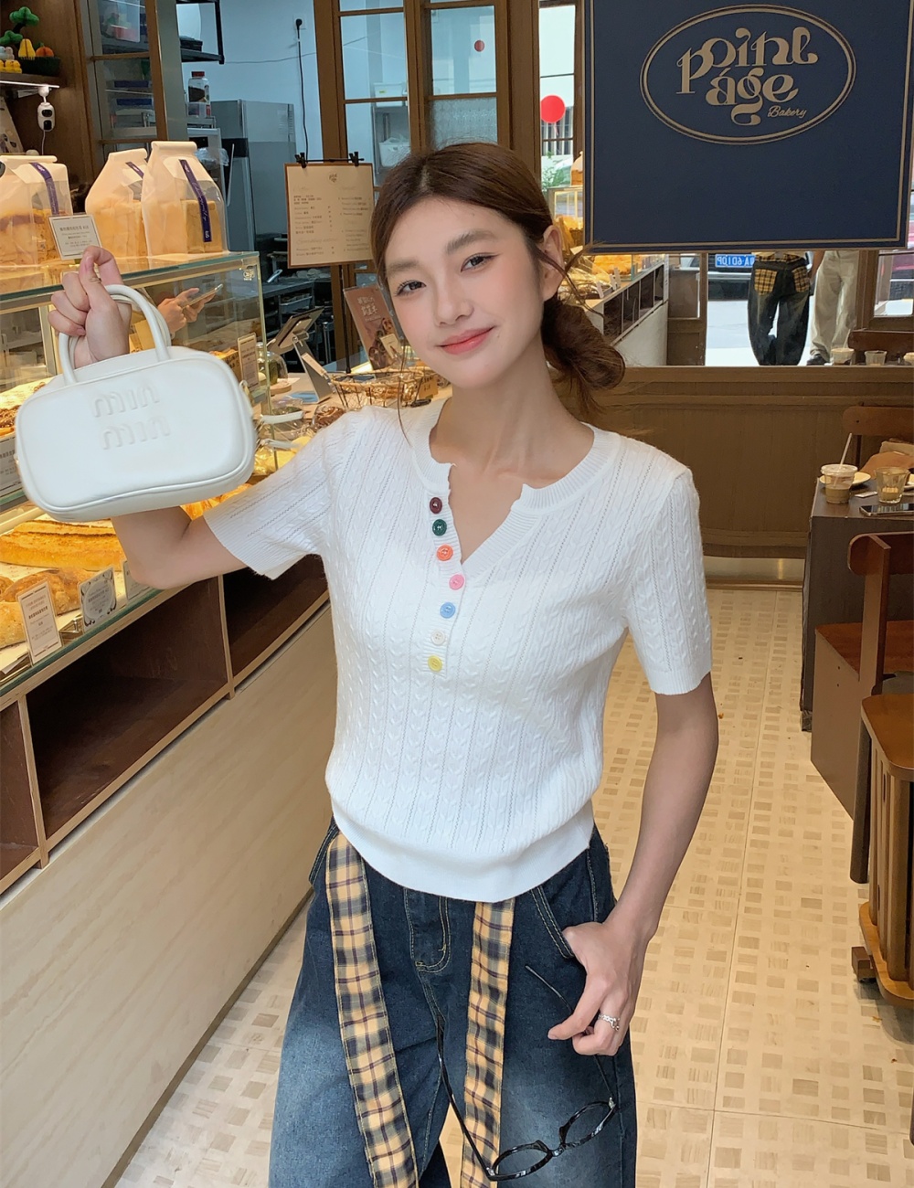 V-neck buckle sweet colors pullover summer sweater