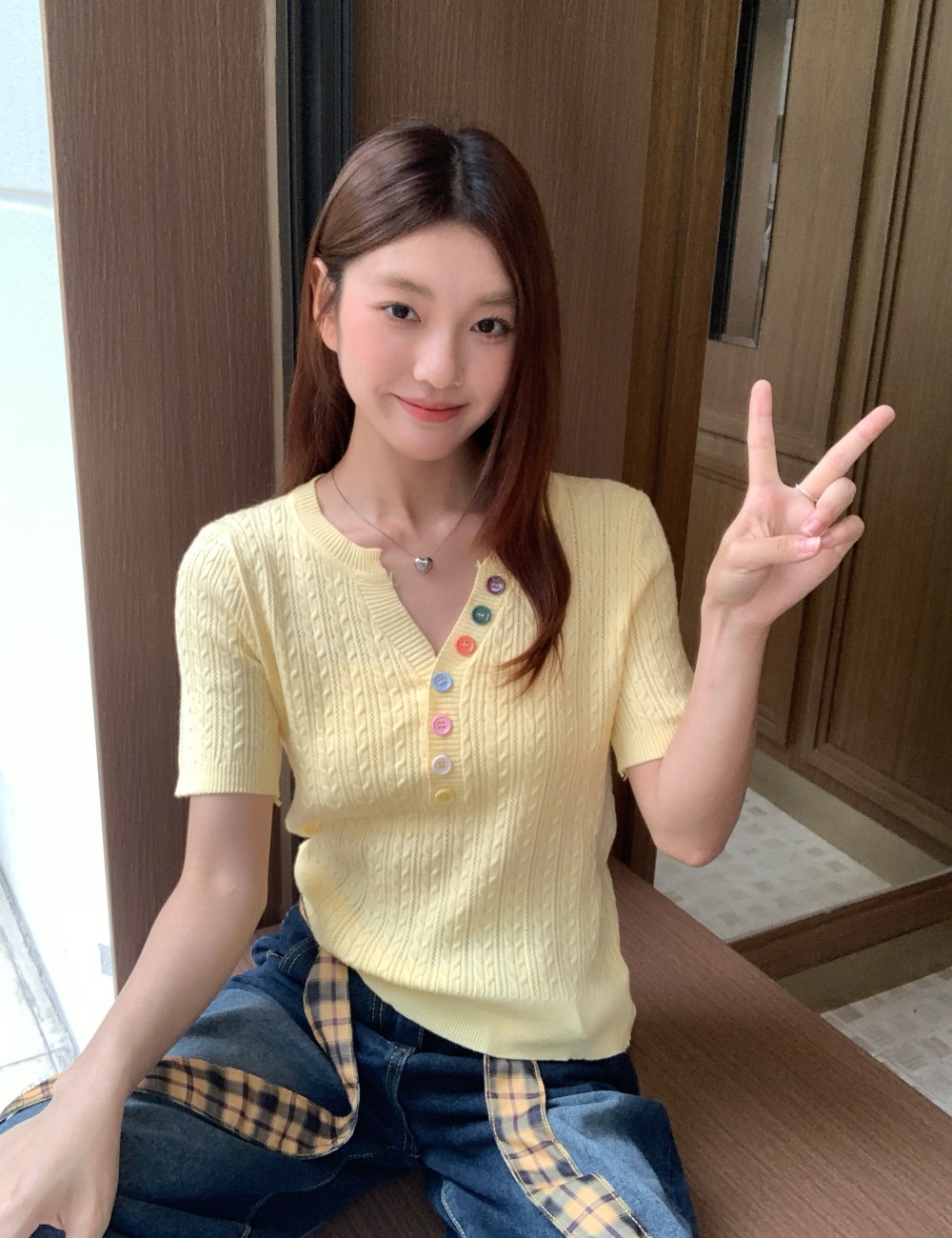 V-neck buckle sweet colors pullover summer sweater