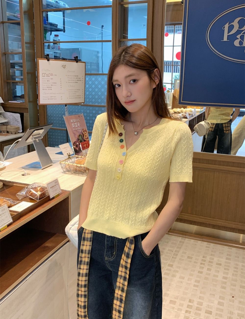 V-neck buckle sweet colors pullover summer sweater