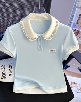 Pseudo-two splice T-shirt pinched waist tops for women