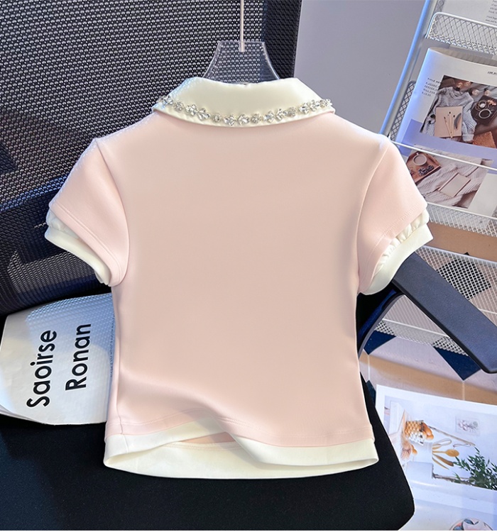 Pseudo-two splice T-shirt pinched waist tops for women