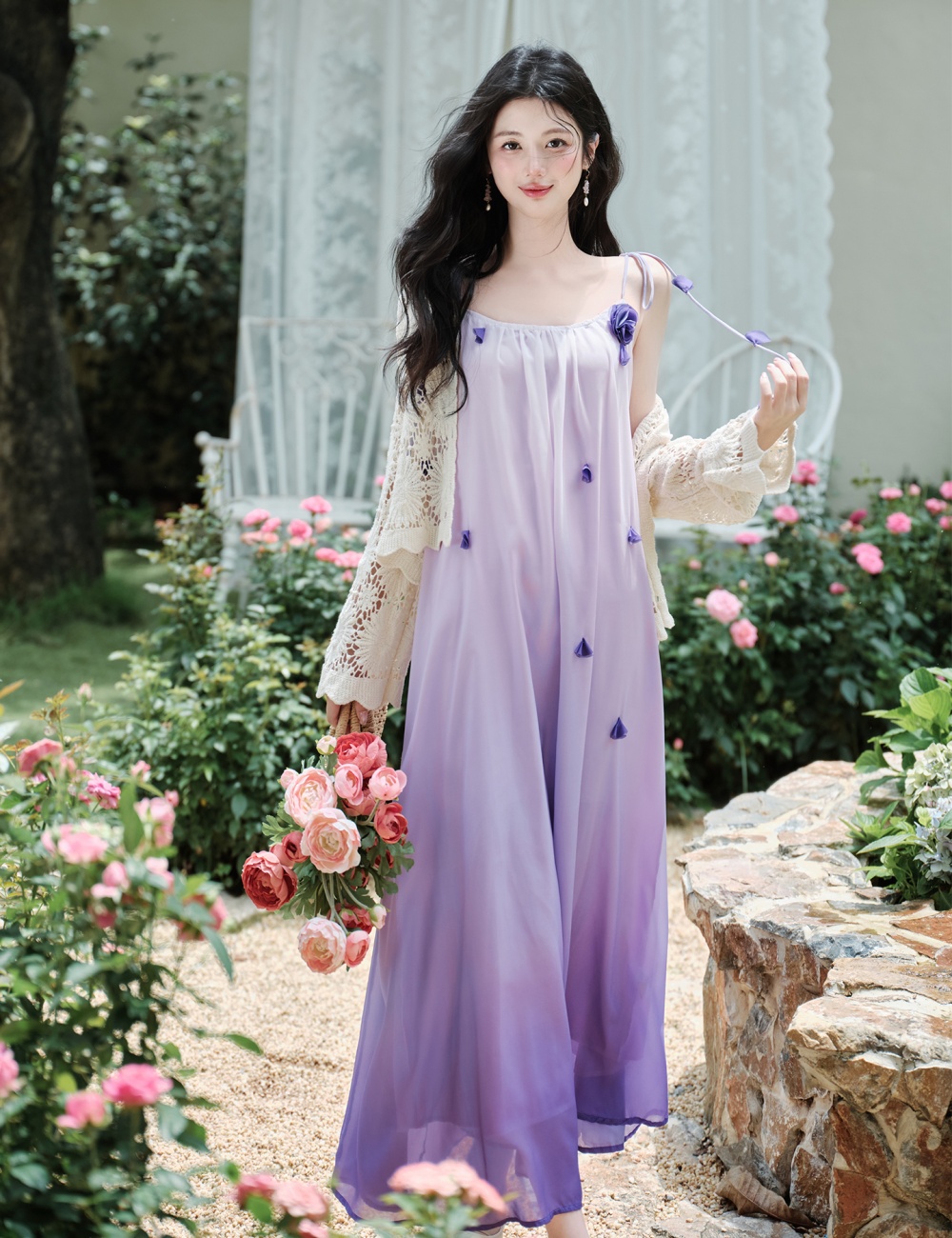 Gradient vacation coat with corsage purple dress a set