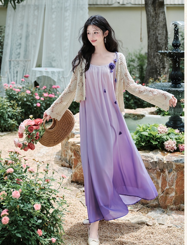 Gradient vacation coat with corsage purple dress a set