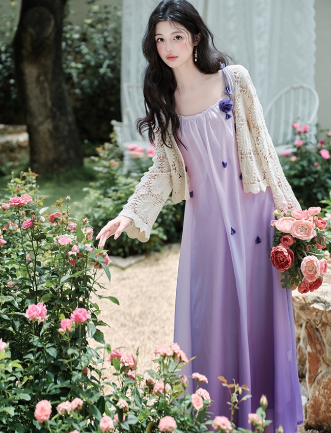 Gradient vacation coat with corsage purple dress a set