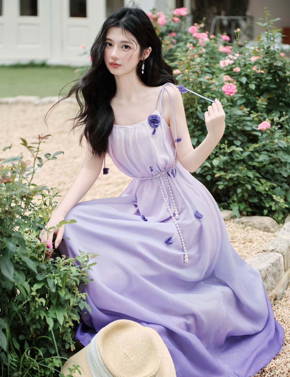 Gradient vacation coat with corsage purple dress a set
